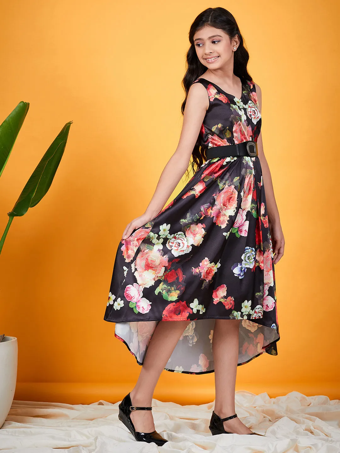 Girls Floral Printed Belted A Line Midi Dress