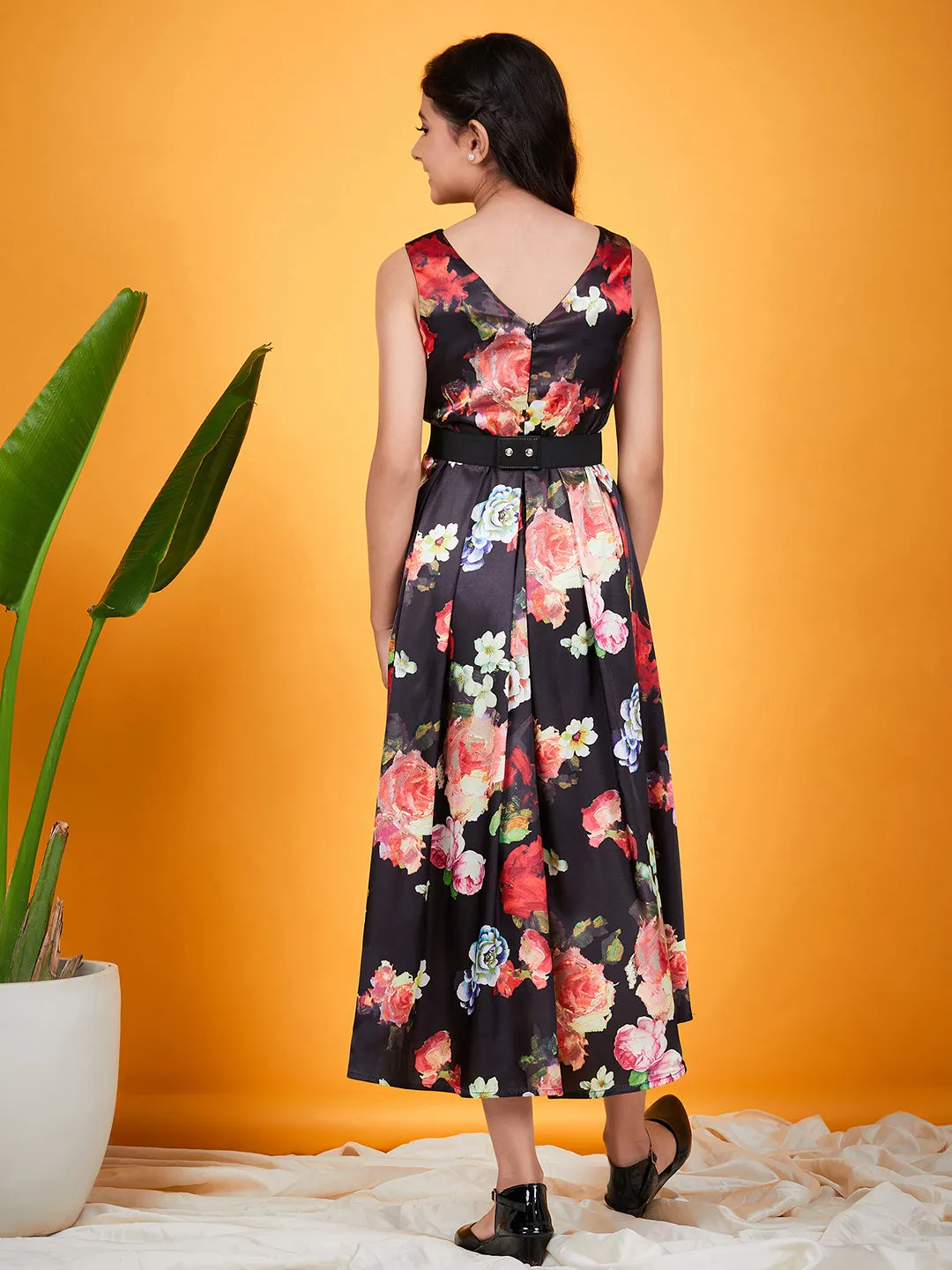 Girls Floral Printed Belted A Line Midi Dress