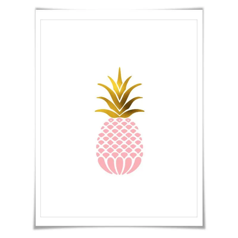 Gold Foil Pink Pineapple Art Print. Food Poster Kitchen Art Print, Tropical Fruit Poster