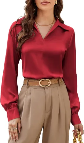 GRACE KARIN Women's Satin Silk Blouse Lapel V Neck Long Sleeve Casual Work Blouse Shirts Pullover Tops