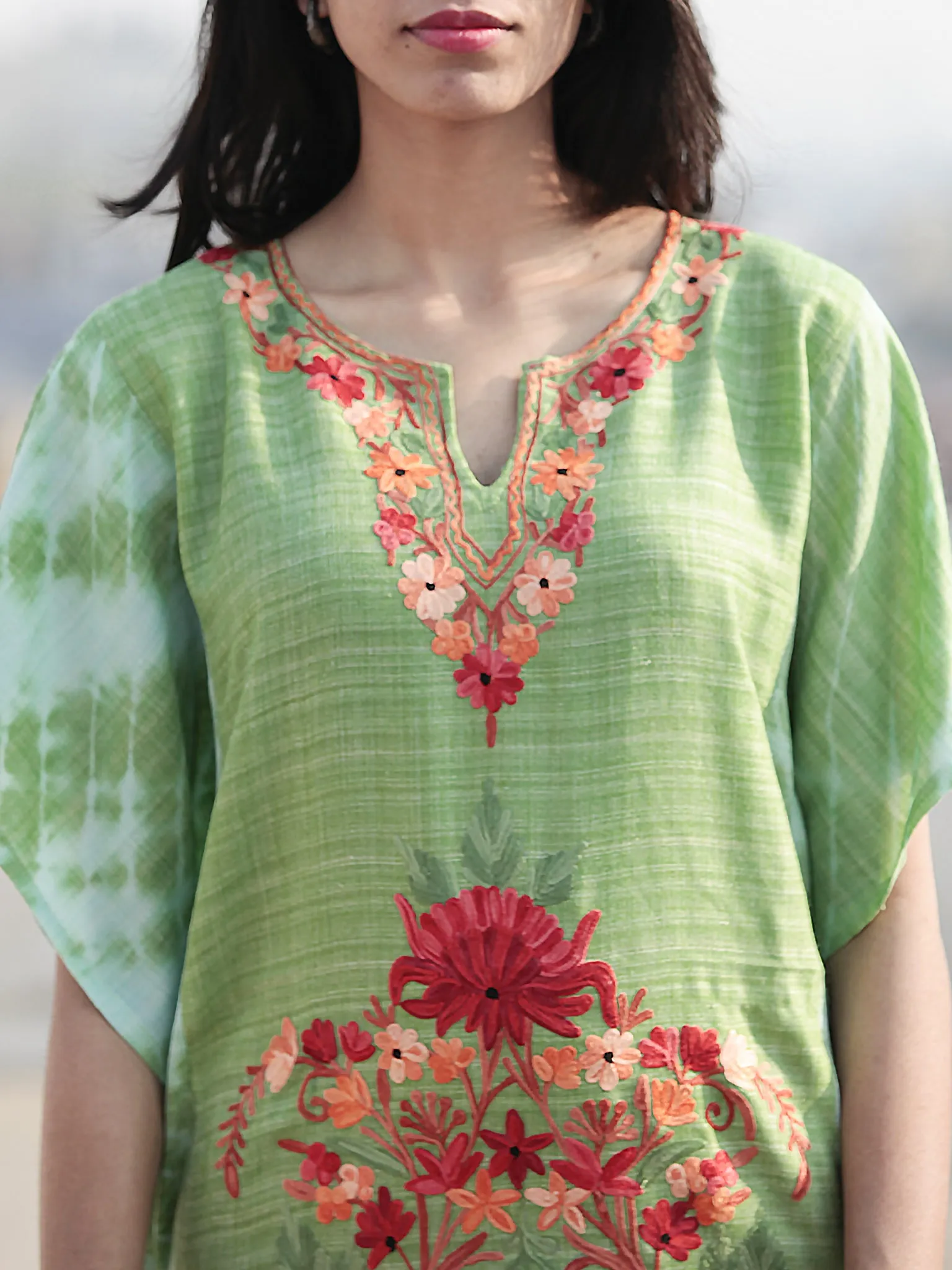 Green Red Orange Aari Embroidered Short Kashmere Kaftan  - K11K044