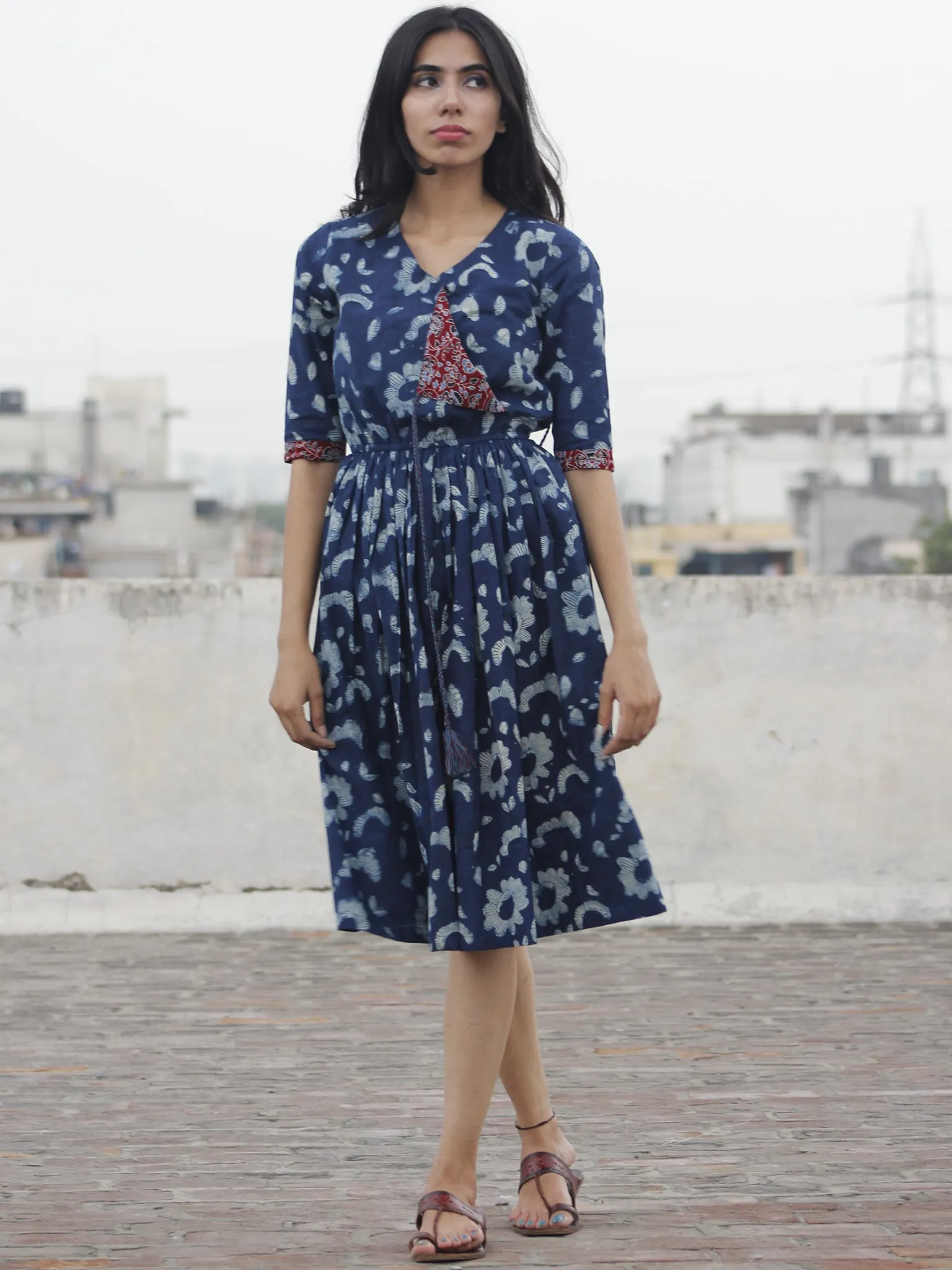 Indigo Ivory Maroon Hand Block Printed Cotton Angrakha Dress With Elasticated Waist - D96F448