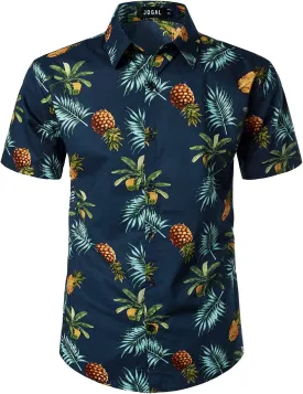JOGAL Men's Cotton Button Down Short Sleeve Hawaiian Shirt