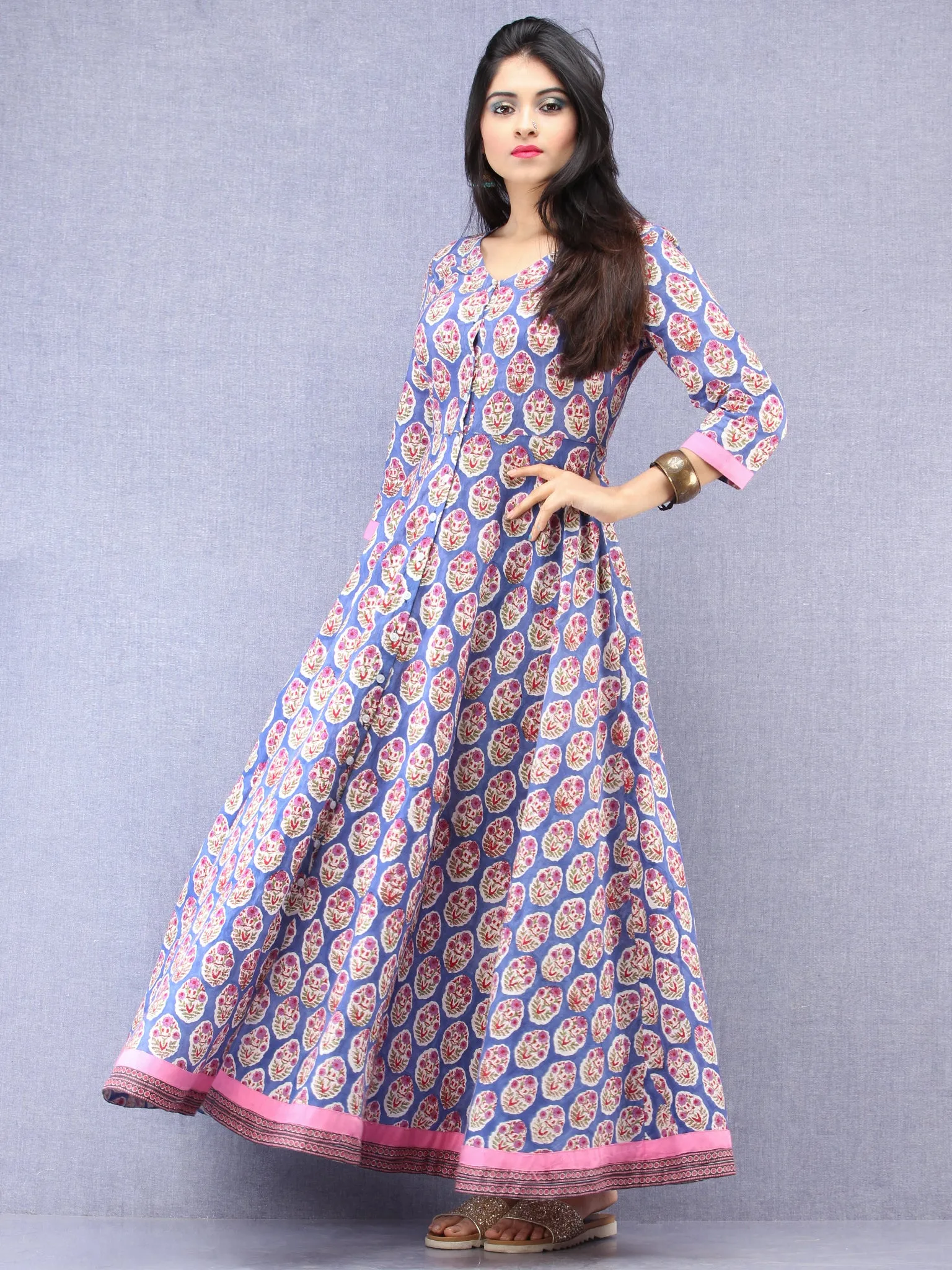 Kashida -  Hand Block Printed Front Open Cotton Dress  - D79F1093