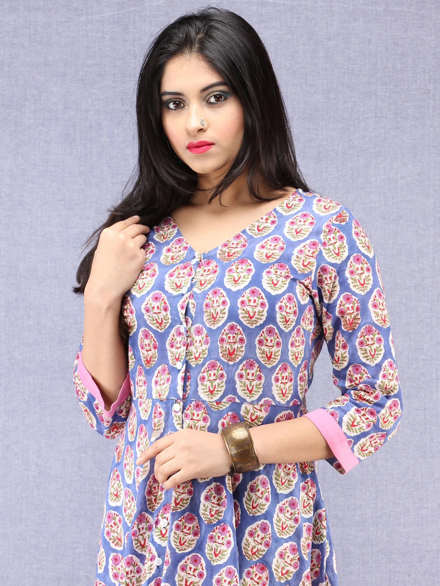 Kashida -  Hand Block Printed Front Open Cotton Dress  - D79F1093