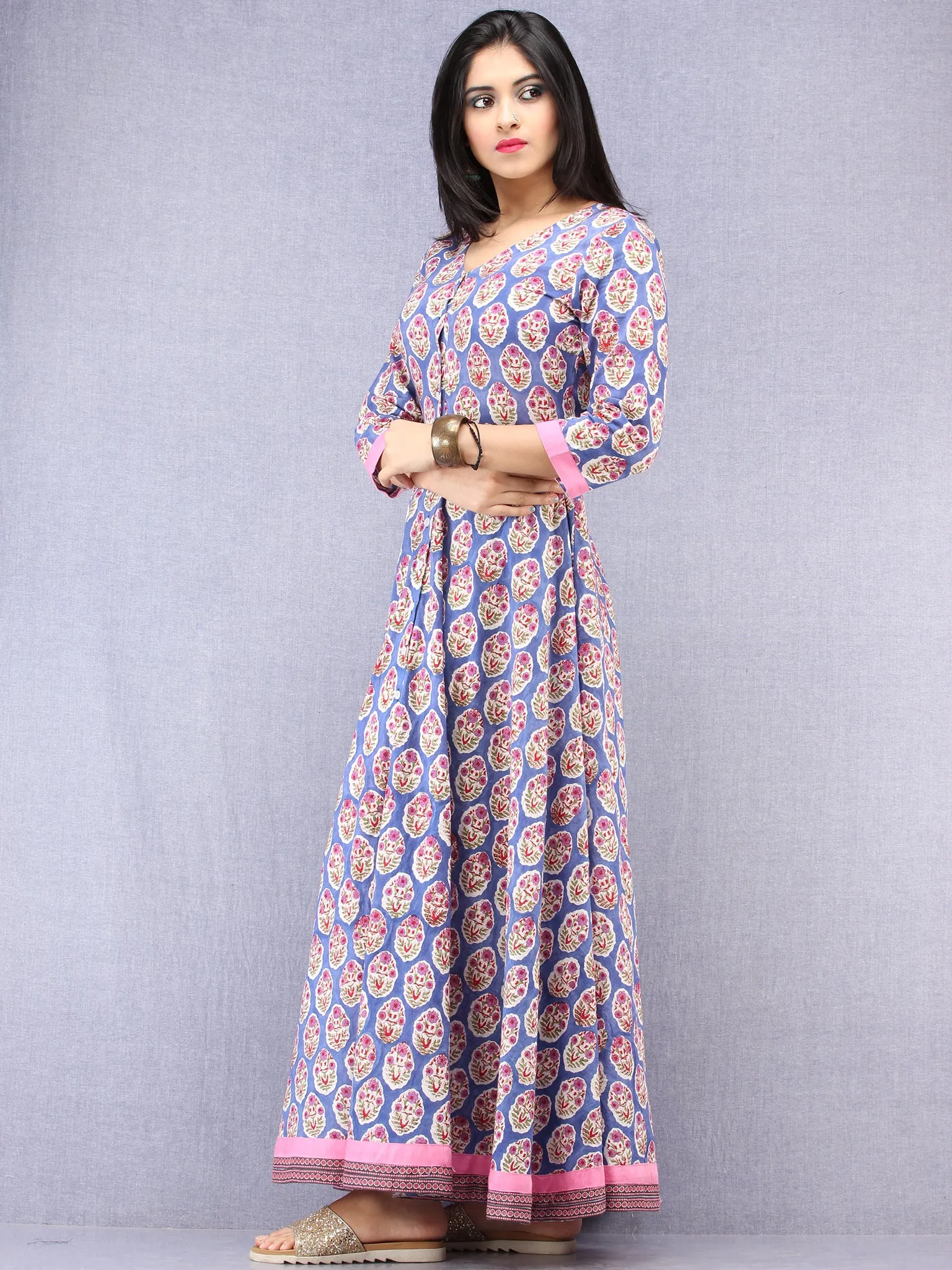 Kashida -  Hand Block Printed Front Open Cotton Dress  - D79F1093