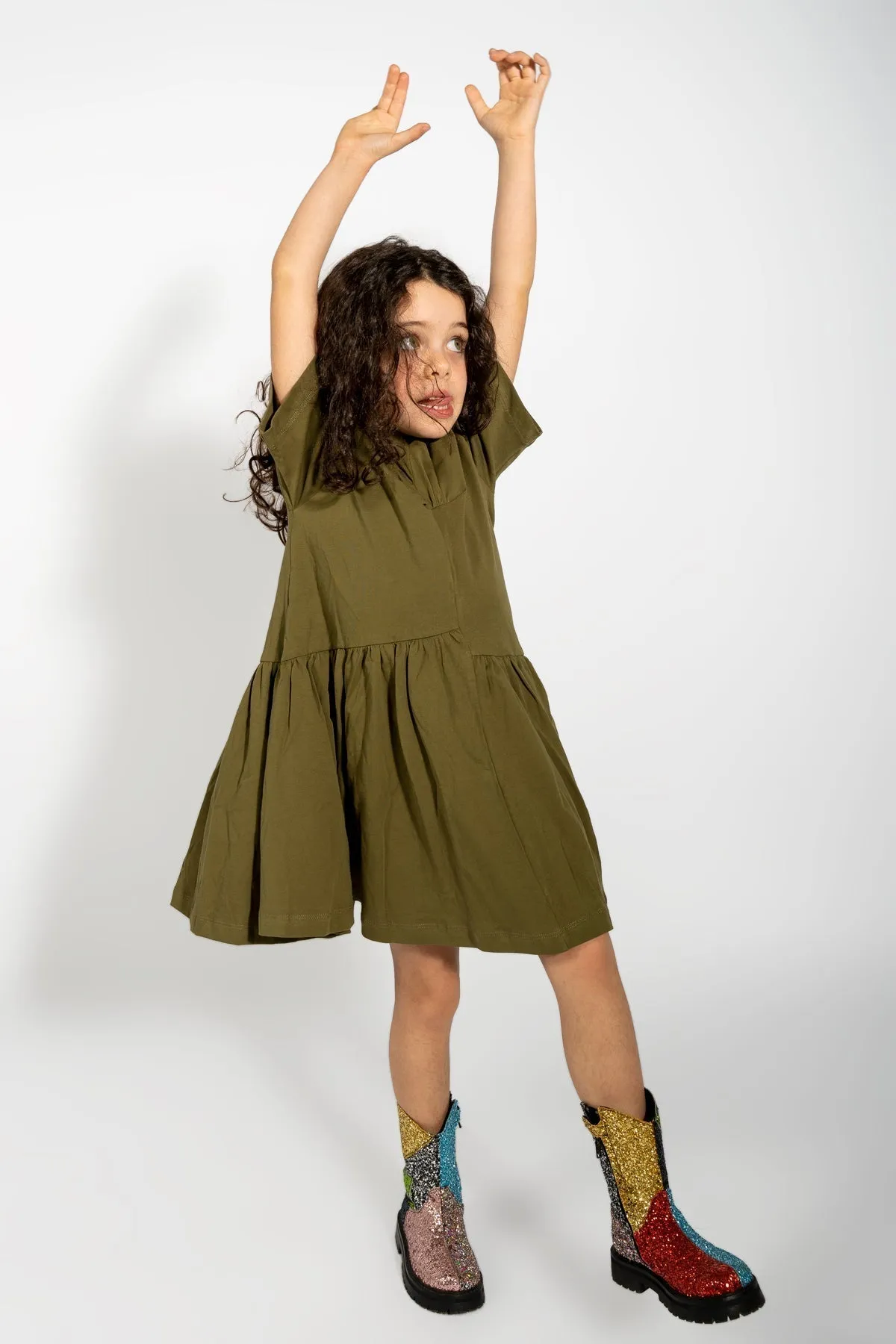 KHAKI GATHERED JERSEY T-SHIRT DRESS