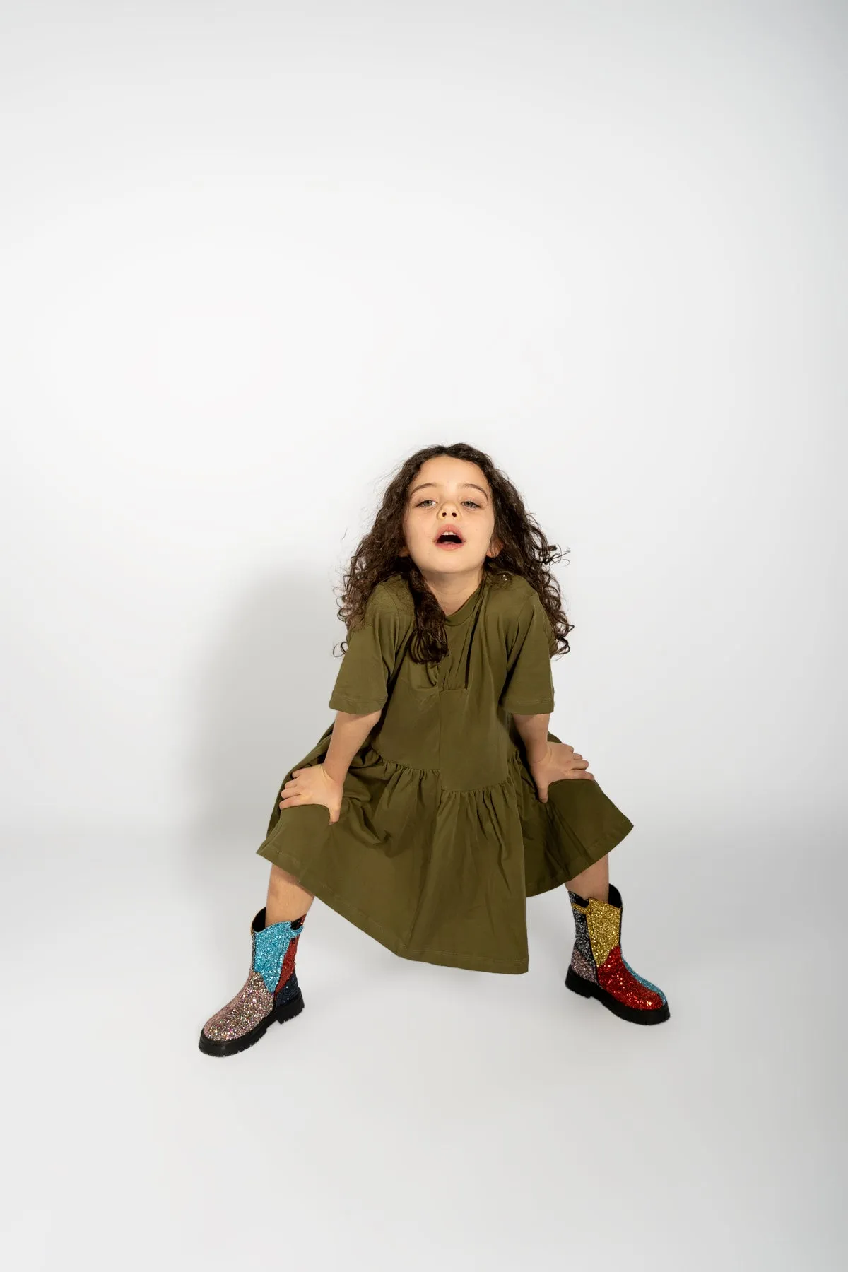 KHAKI GATHERED JERSEY T-SHIRT DRESS