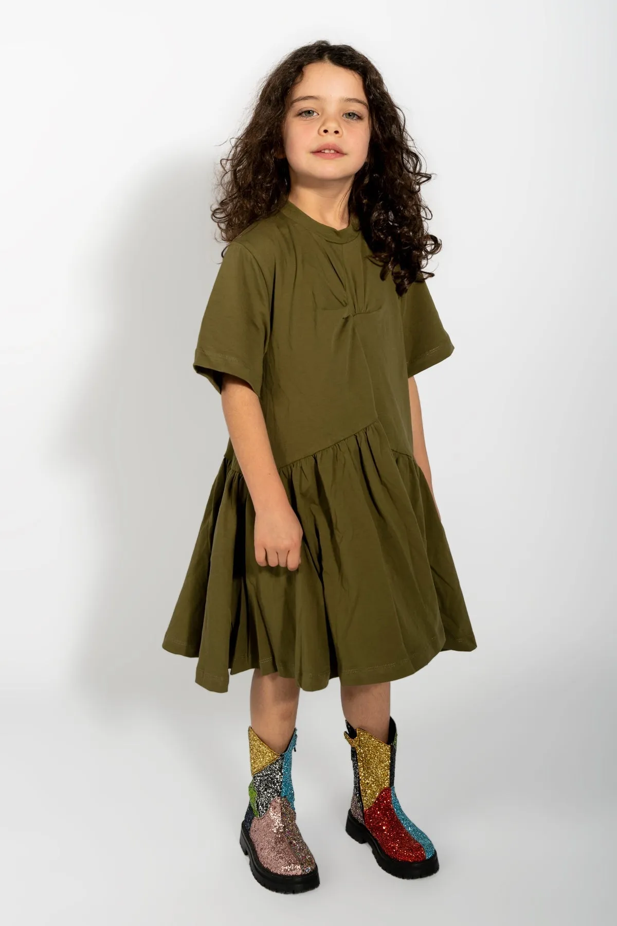 KHAKI GATHERED JERSEY T-SHIRT DRESS