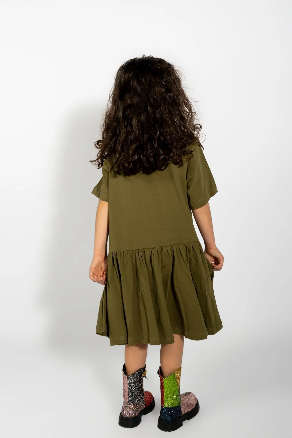 KHAKI GATHERED JERSEY T-SHIRT DRESS