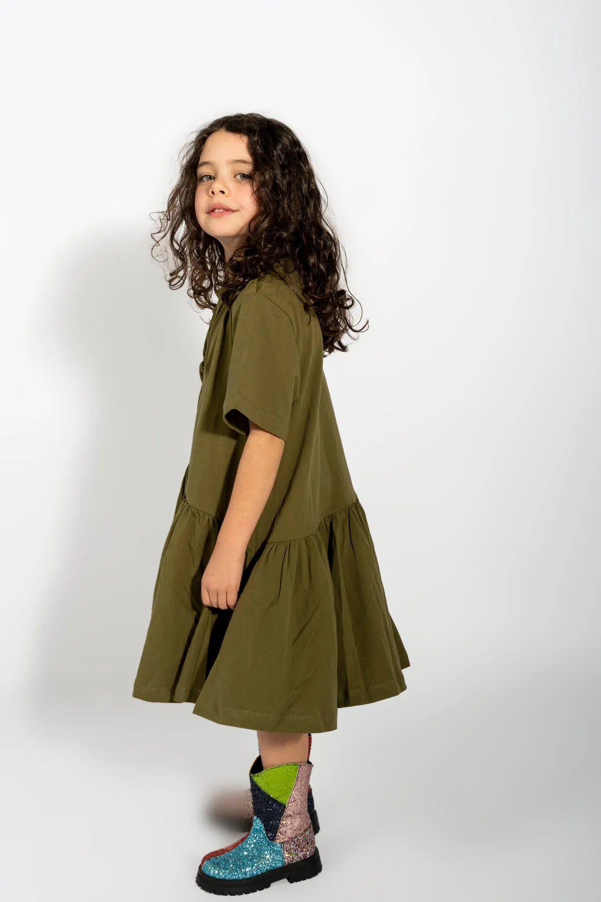 KHAKI GATHERED JERSEY T-SHIRT DRESS