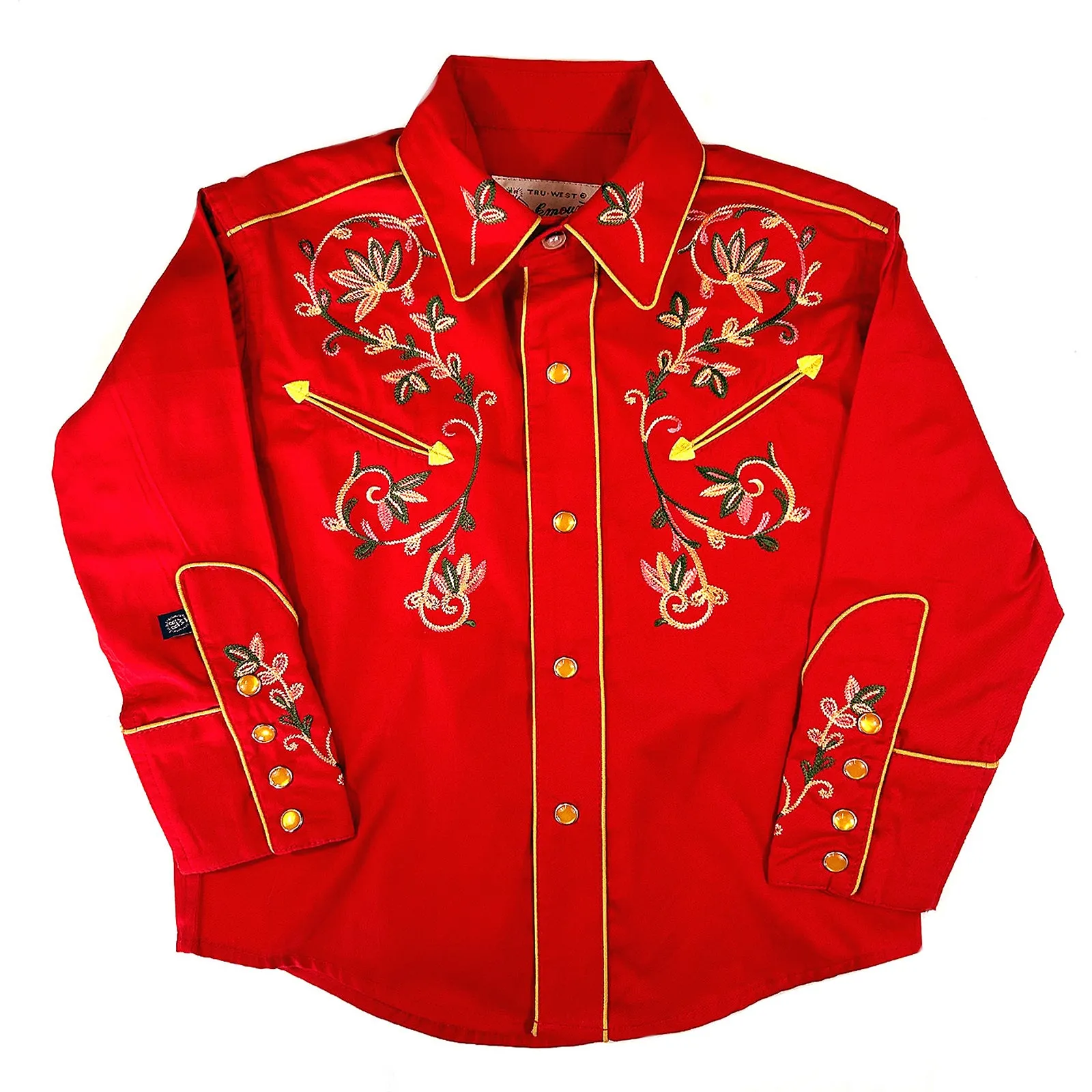 Kid's Red Vintage Variegated Floral Embroidery
