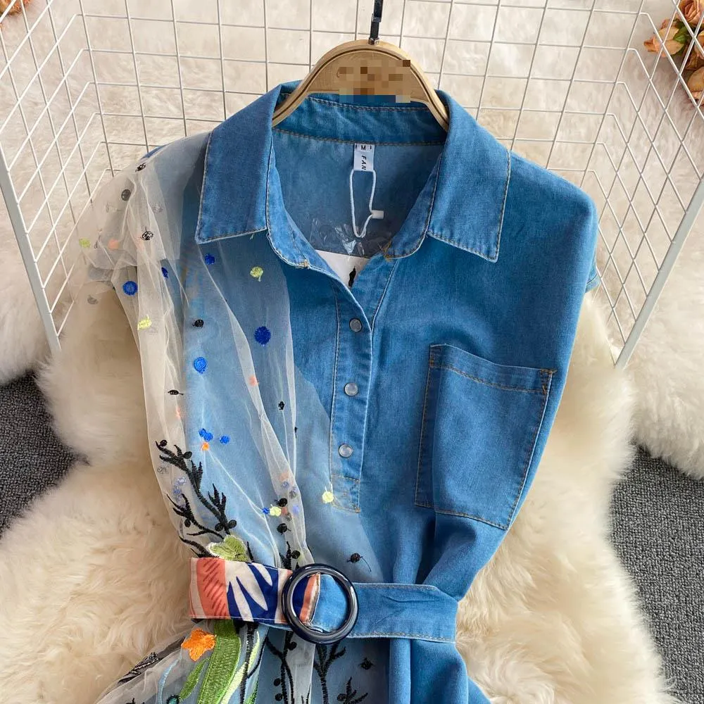 Kira Embroidered Denim Dress with Belt