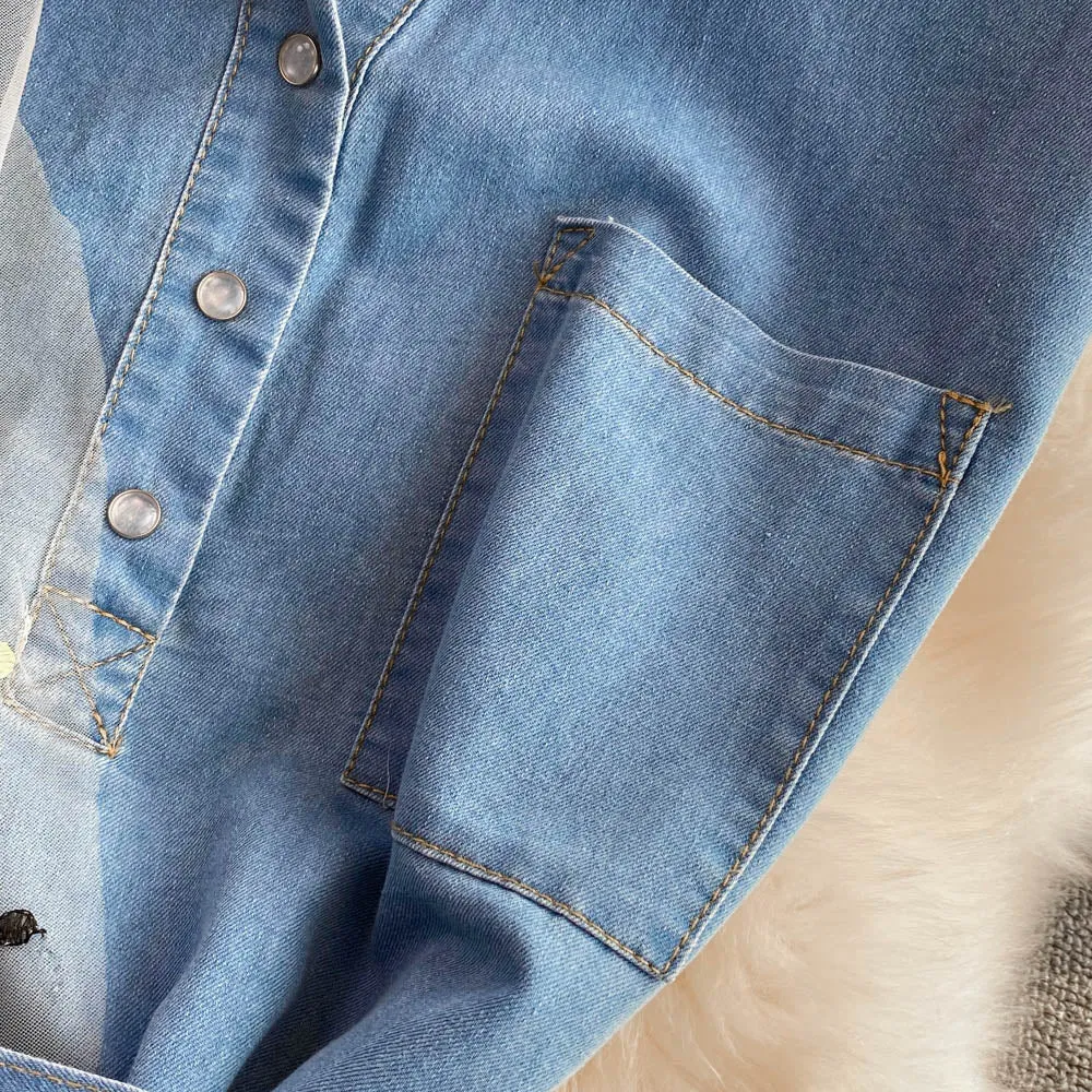Kira Embroidered Denim Dress with Belt