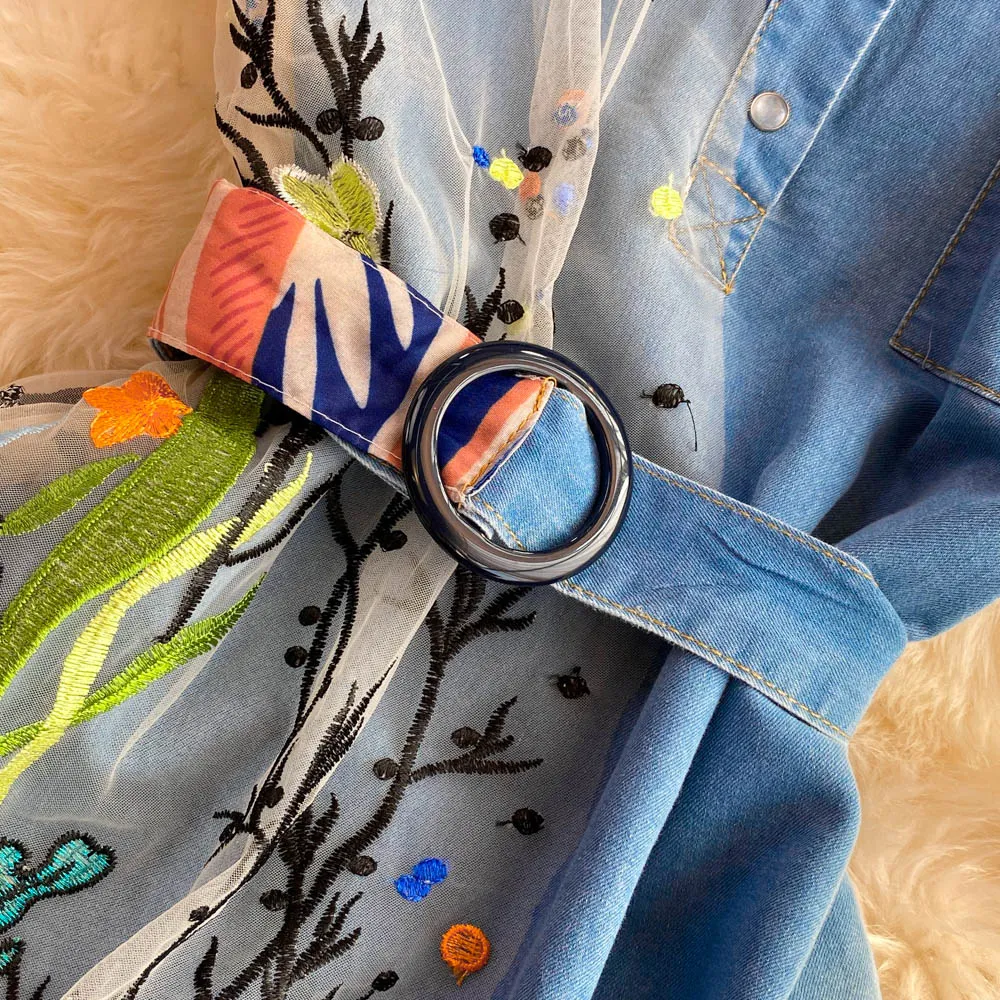 Kira Embroidered Denim Dress with Belt