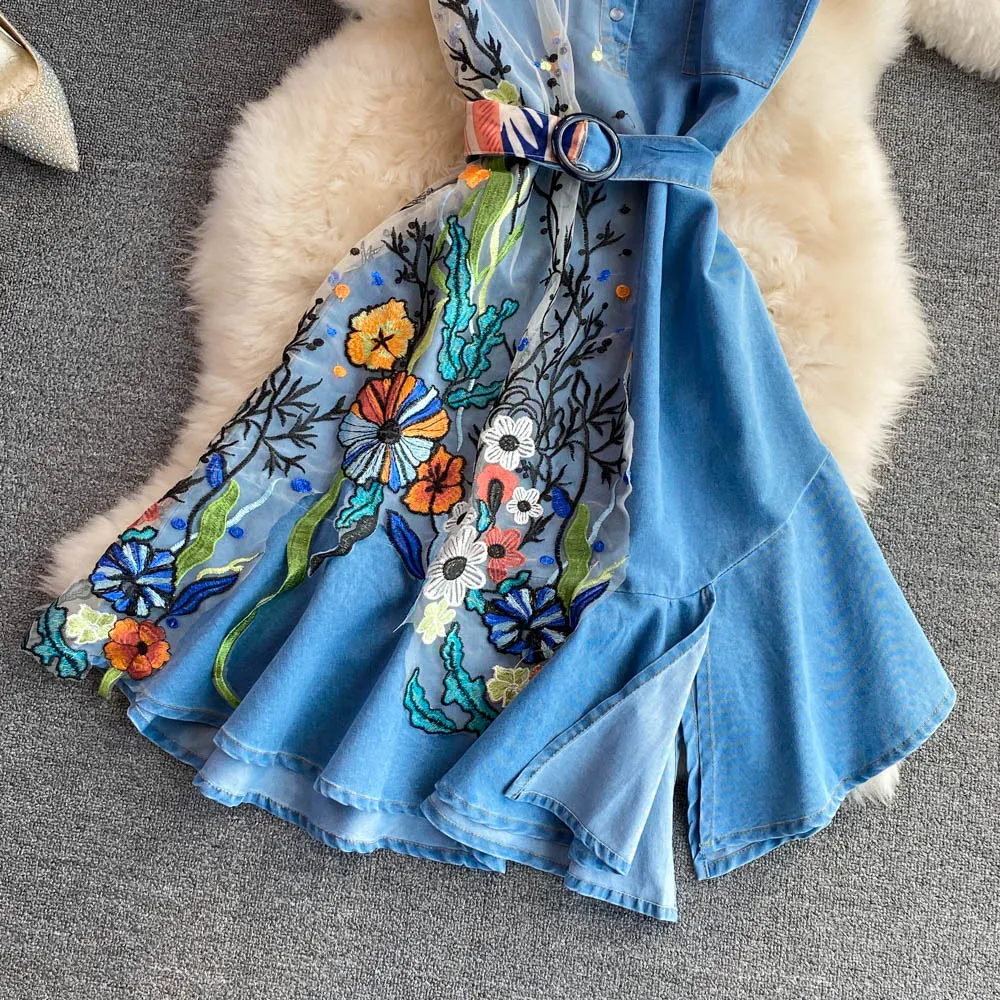 Kira Embroidered Denim Dress with Belt
