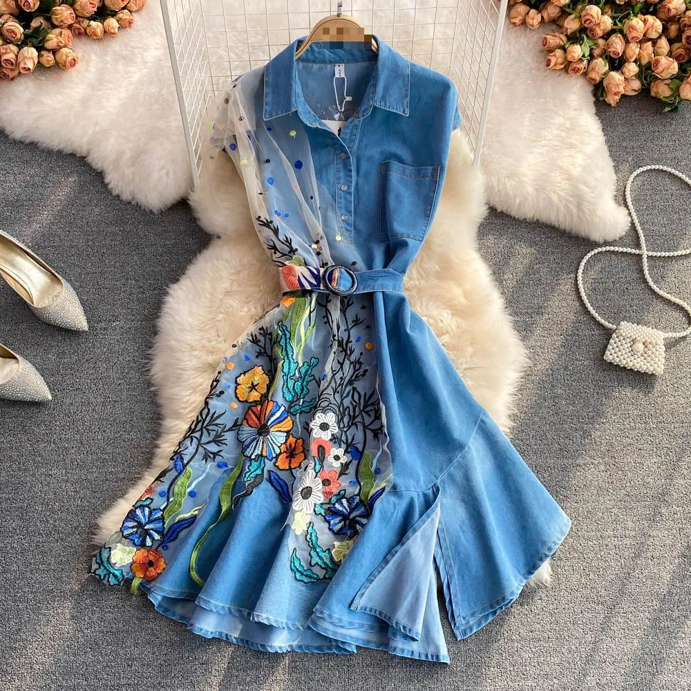 Kira Embroidered Denim Dress with Belt