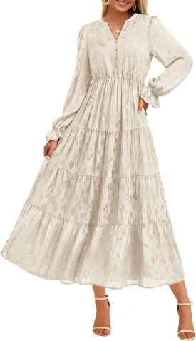 KIRUNDO Dresses for Women 2025 Elegant Classy Wedding Guest Maxi Long Sleeve Empire Waist Ruffle Tiered A Line Long Dress