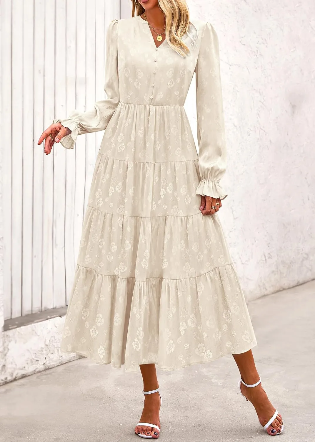 KIRUNDO Dresses for Women 2025 Elegant Classy Wedding Guest Maxi Long Sleeve Empire Waist Ruffle Tiered A Line Long Dress