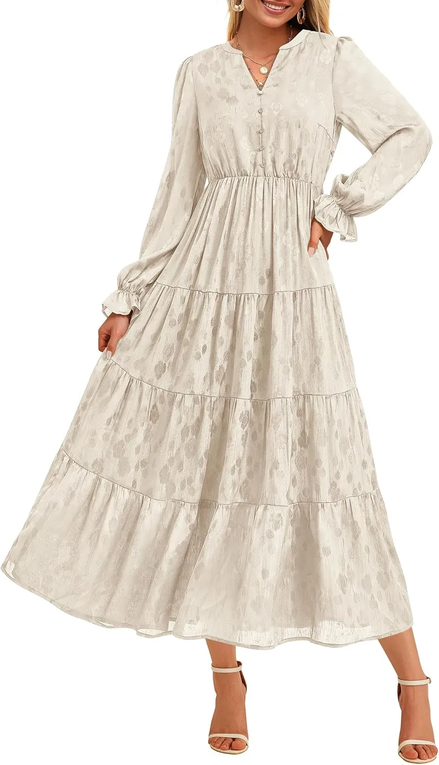 KIRUNDO Dresses for Women 2025 Elegant Classy Wedding Guest Maxi Long Sleeve Empire Waist Ruffle Tiered A Line Long Dress