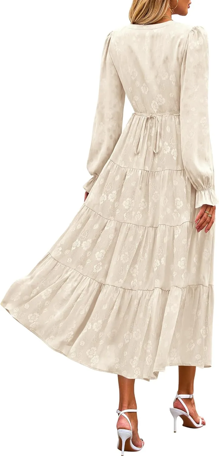 KIRUNDO Dresses for Women 2025 Elegant Classy Wedding Guest Maxi Long Sleeve Empire Waist Ruffle Tiered A Line Long Dress