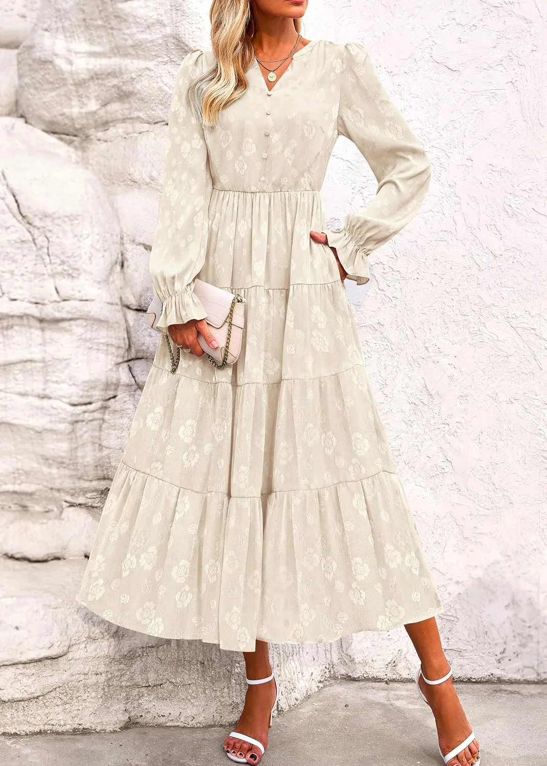 KIRUNDO Dresses for Women 2025 Elegant Classy Wedding Guest Maxi Long Sleeve Empire Waist Ruffle Tiered A Line Long Dress