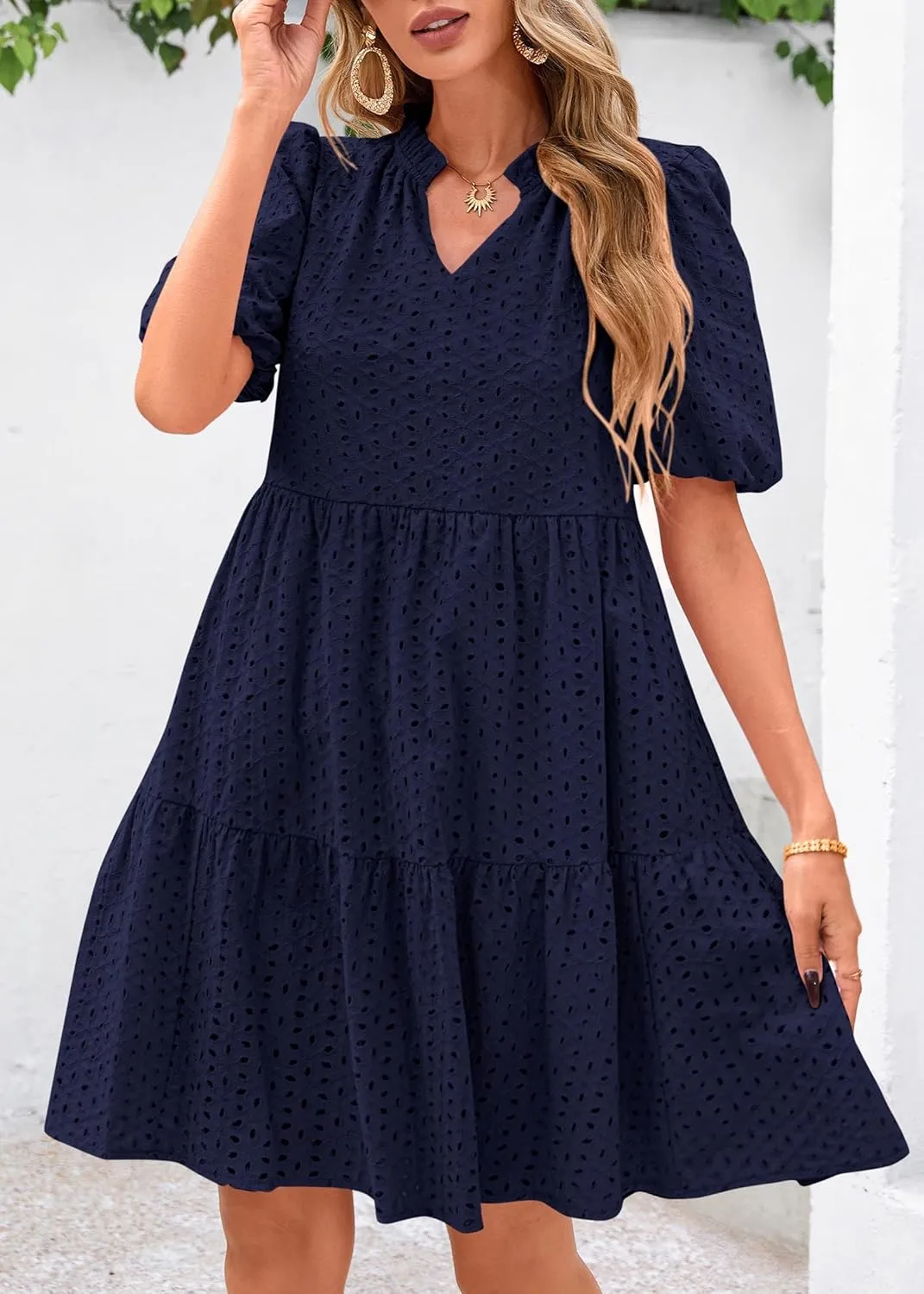 KIRUNDO Eyelet Summer Dresses for Women Mini Casual Hollow Out Short Sleeve Lace Tiered V Neck Shift Dress with Pockets