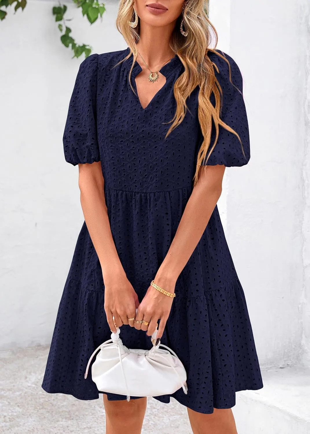 KIRUNDO Eyelet Summer Dresses for Women Mini Casual Hollow Out Short Sleeve Lace Tiered V Neck Shift Dress with Pockets