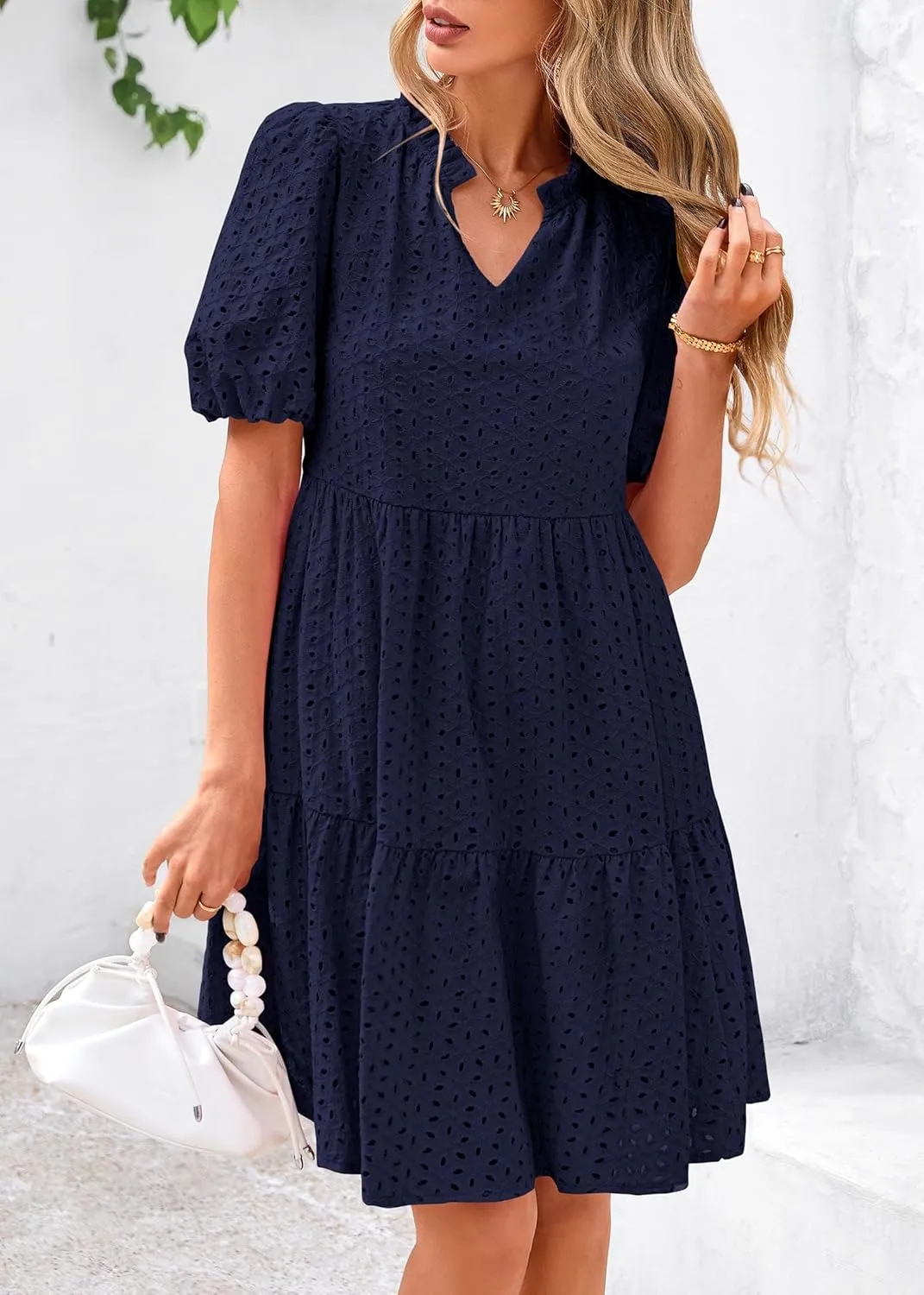KIRUNDO Eyelet Summer Dresses for Women Mini Casual Hollow Out Short Sleeve Lace Tiered V Neck Shift Dress with Pockets