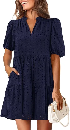 KIRUNDO Eyelet Summer Dresses for Women Mini Casual Hollow Out Short Sleeve Lace Tiered V Neck Shift Dress with Pockets