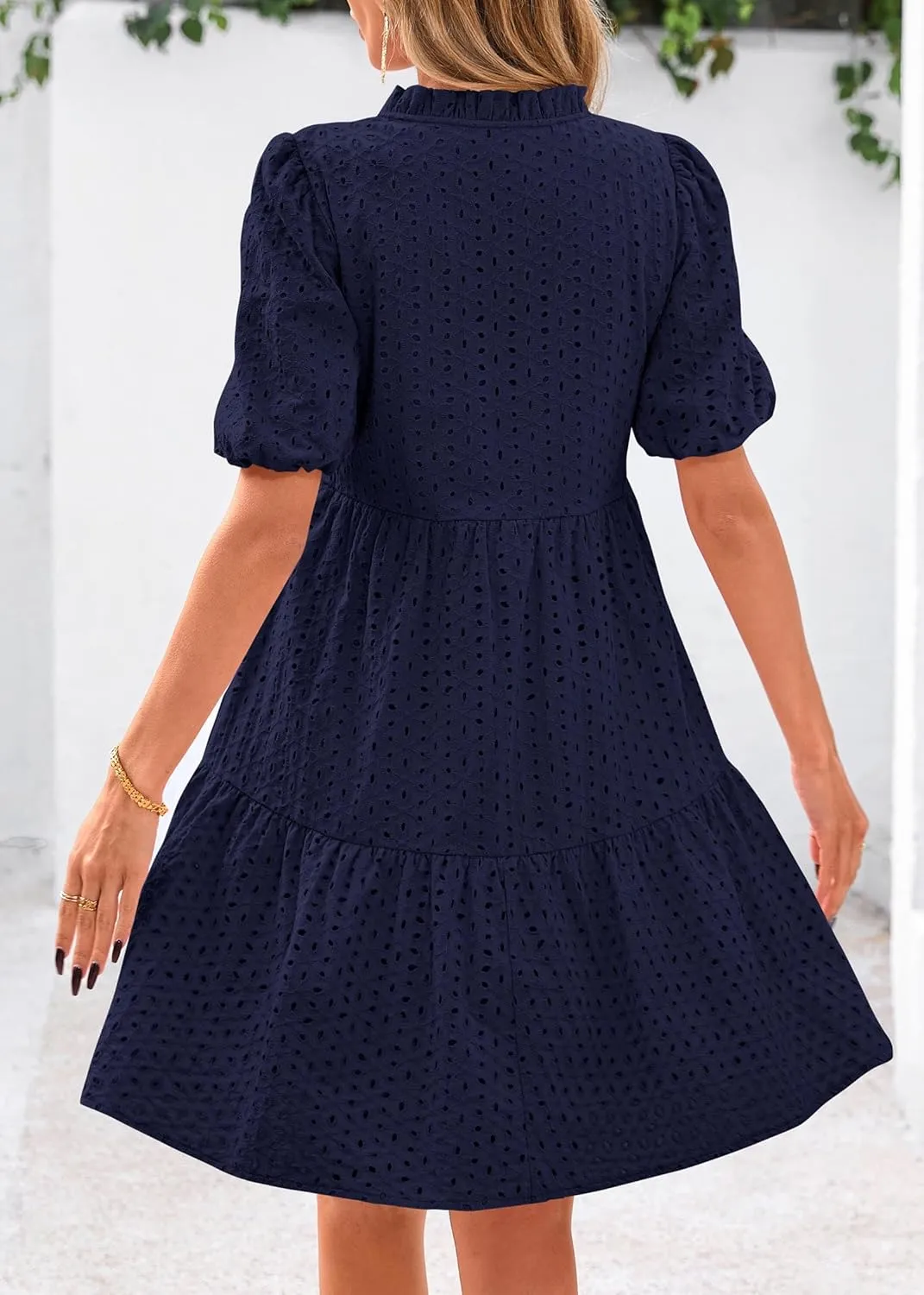 KIRUNDO Eyelet Summer Dresses for Women Mini Casual Hollow Out Short Sleeve Lace Tiered V Neck Shift Dress with Pockets