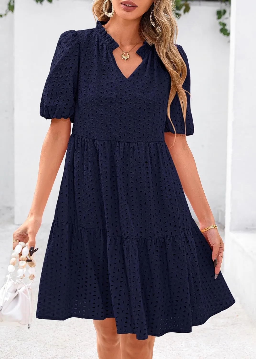 KIRUNDO Eyelet Summer Dresses for Women Mini Casual Hollow Out Short Sleeve Lace Tiered V Neck Shift Dress with Pockets