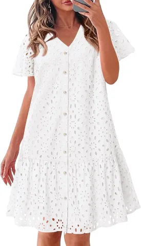 KIRUNDO Summer Dresses for Women 2025 Button Down V Neck Short Sleeve Hollow Out Lace A Line Casual Mini Babydoll Dress