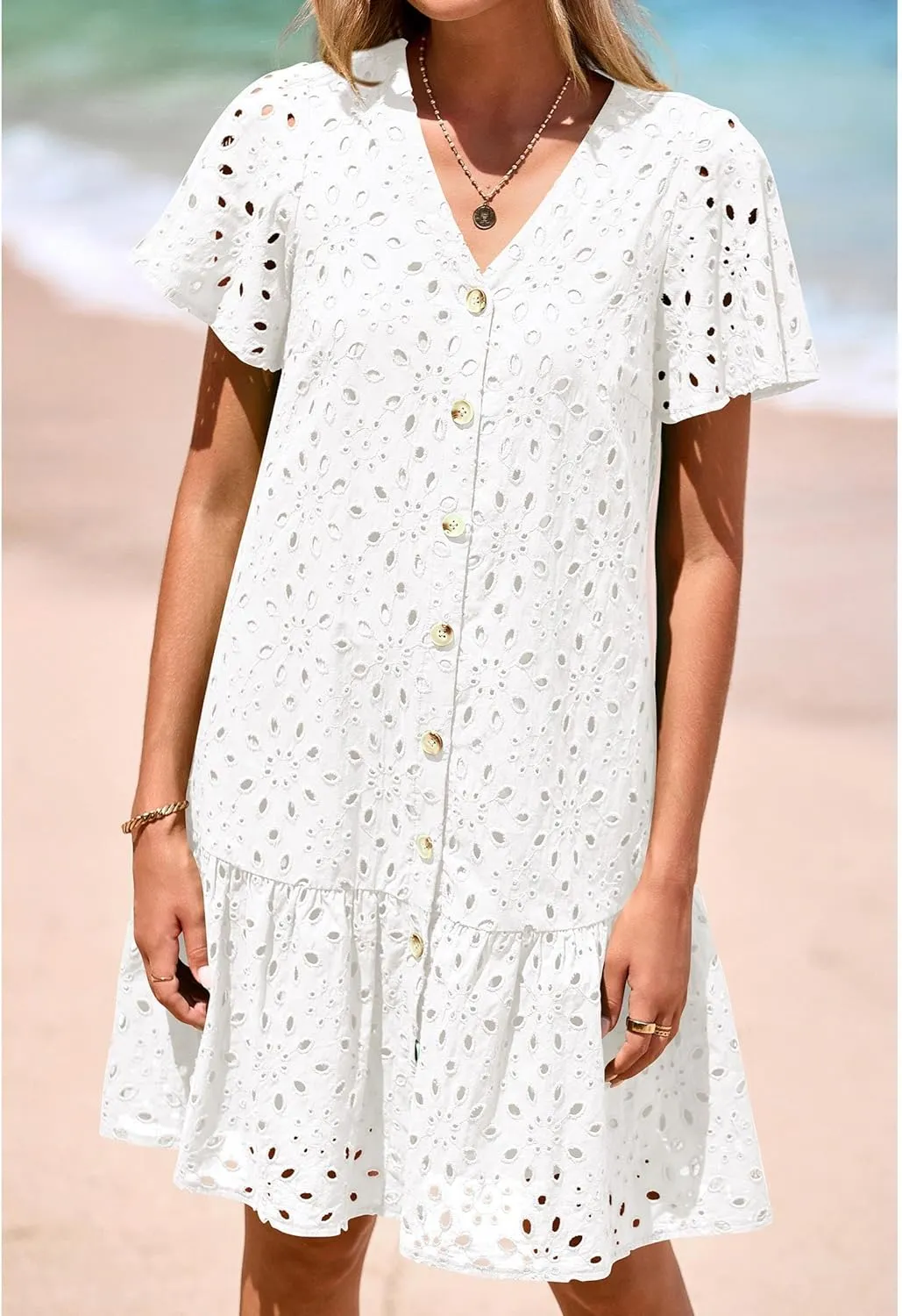 KIRUNDO Summer Dresses for Women 2025 Button Down V Neck Short Sleeve Hollow Out Lace A Line Casual Mini Babydoll Dress