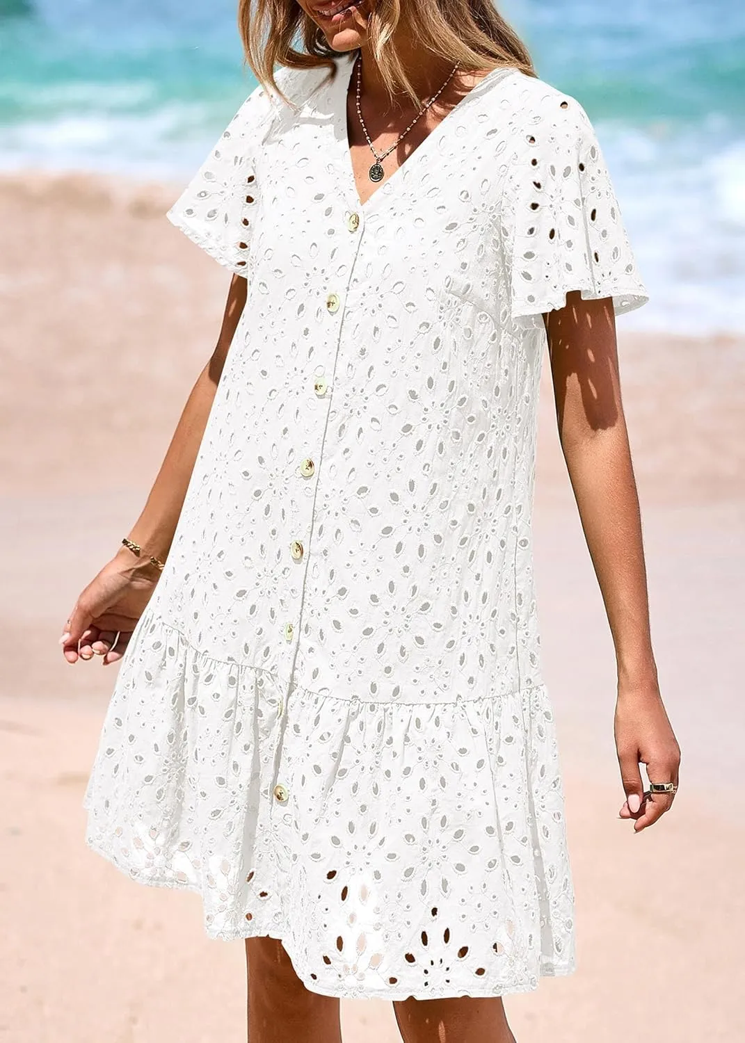 KIRUNDO Summer Dresses for Women 2025 Button Down V Neck Short Sleeve Hollow Out Lace A Line Casual Mini Babydoll Dress