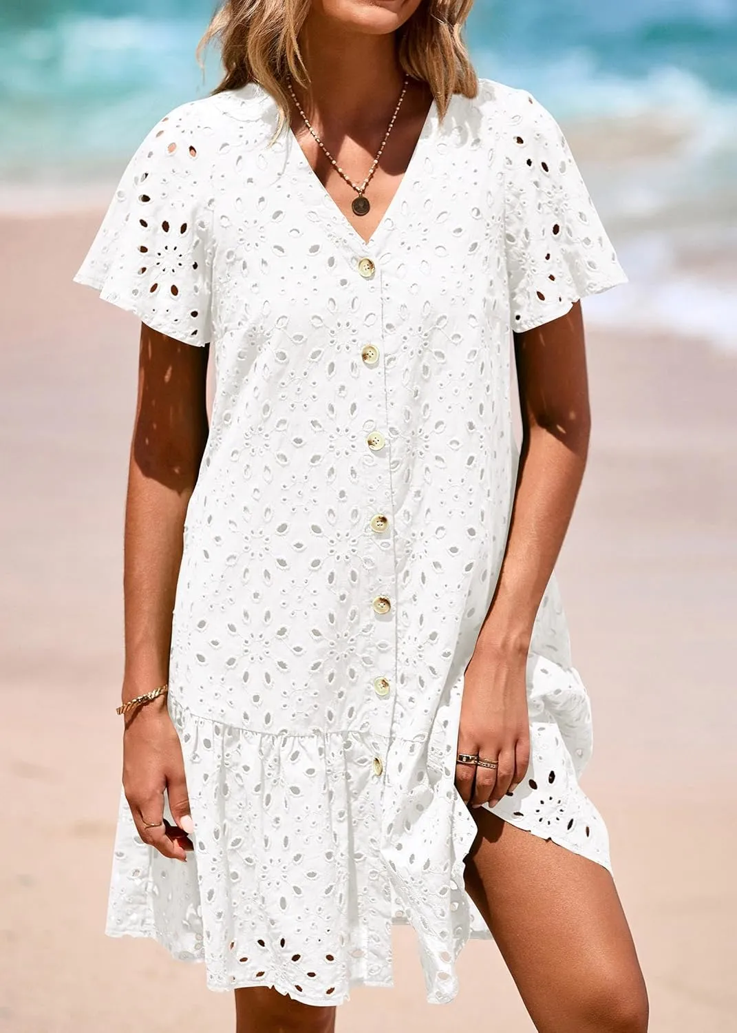 KIRUNDO Summer Dresses for Women 2025 Button Down V Neck Short Sleeve Hollow Out Lace A Line Casual Mini Babydoll Dress
