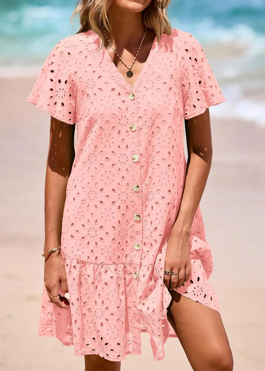 KIRUNDO Summer Dresses for Women 2025 Button Down V Neck Short Sleeve Hollow Out Lace A Line Casual Mini Babydoll Dress