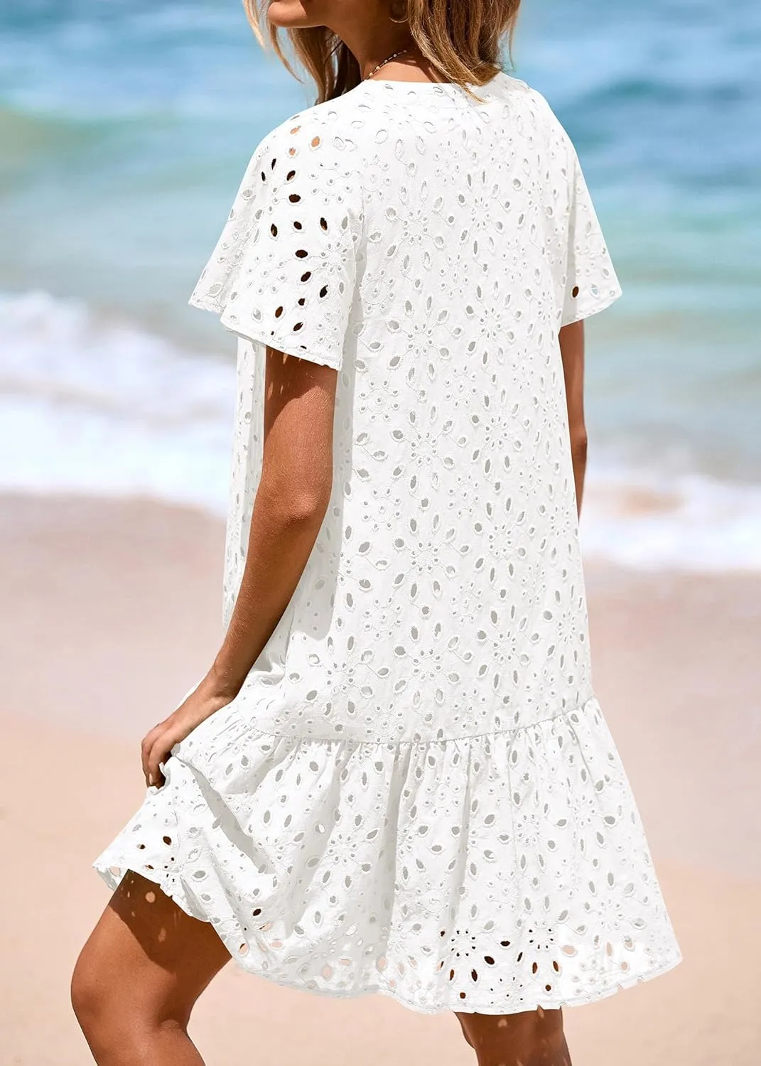 KIRUNDO Summer Dresses for Women 2025 Button Down V Neck Short Sleeve Hollow Out Lace A Line Casual Mini Babydoll Dress