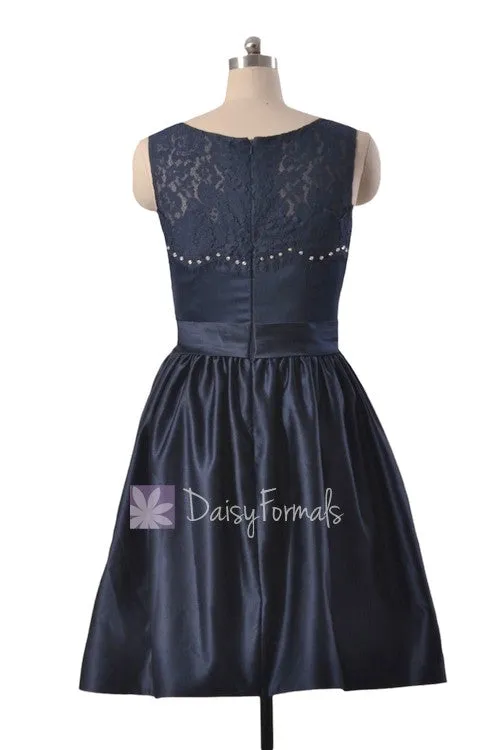 Knee Length Beaded Satin Bridal Party Dress Rich Peacock Lace Formal Dress(BM2422A)
