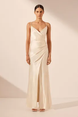 LA LUNE CROSS DRAPED MAXI DRESS - CREAM