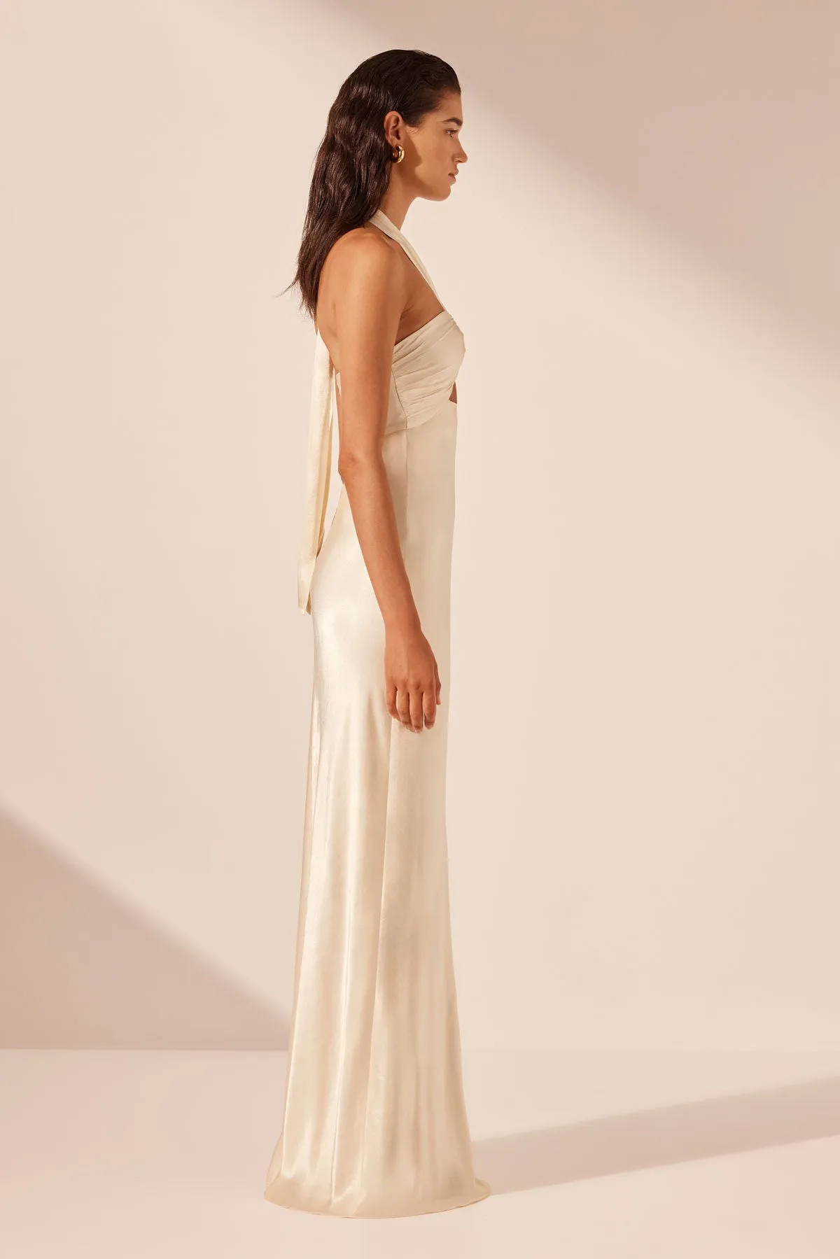 Cream Ruched Halter Maxi Dress - La Lune Collection