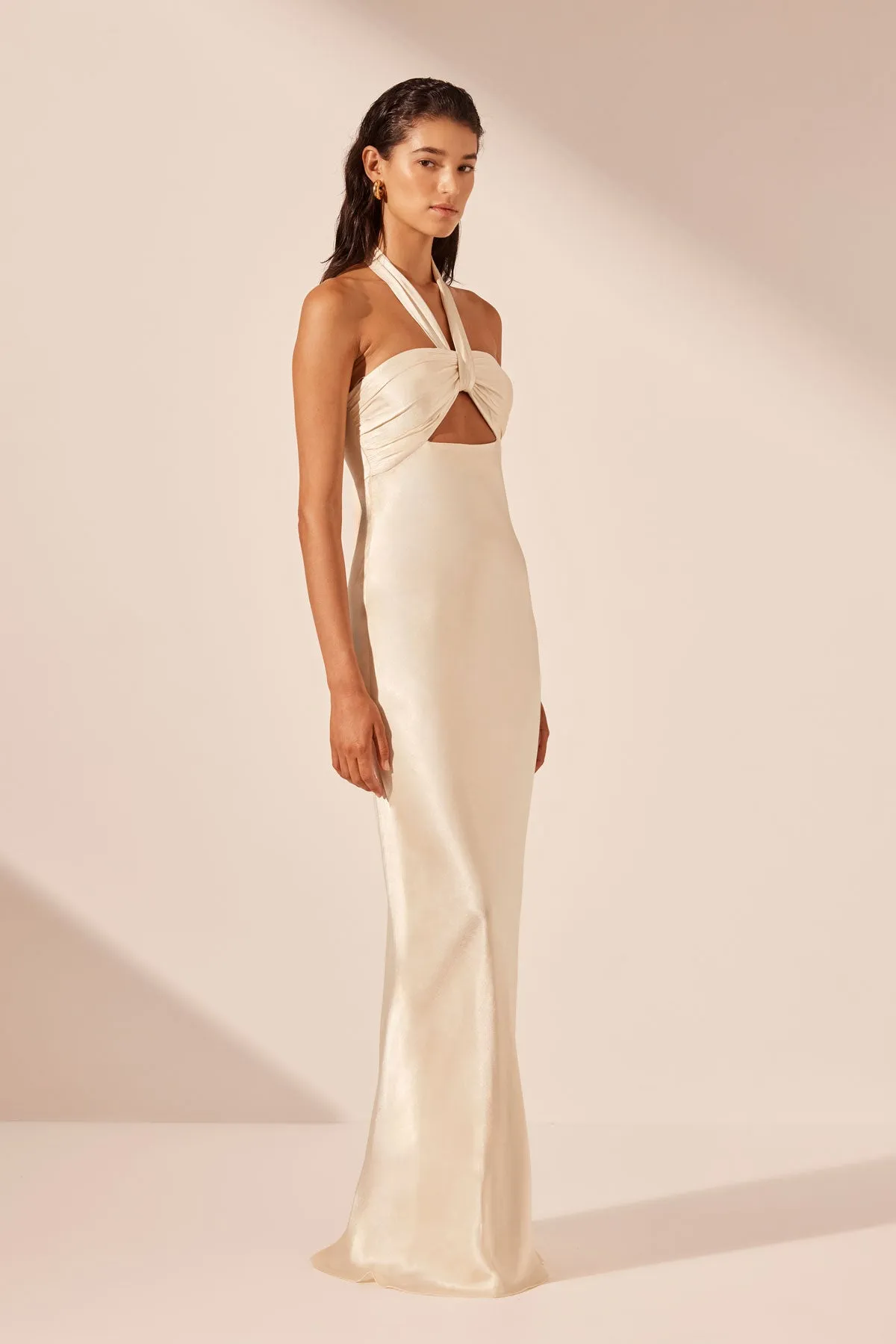 Cream Ruched Halter Maxi Dress - La Lune Collection