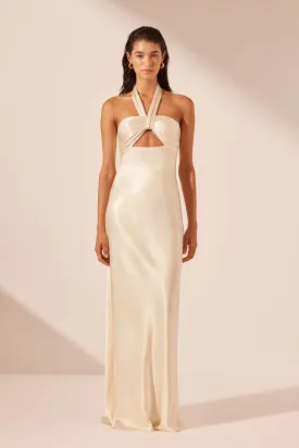 Cream Ruched Halter Maxi Dress - La Lune Collection