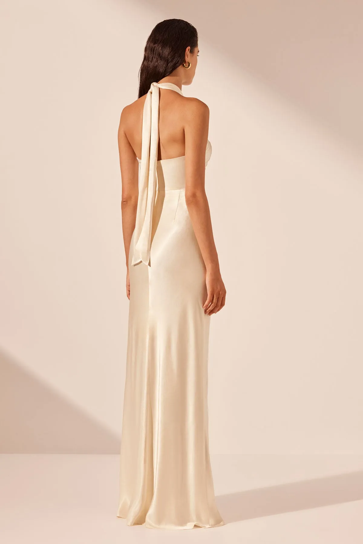 Cream Ruched Halter Maxi Dress - La Lune Collection