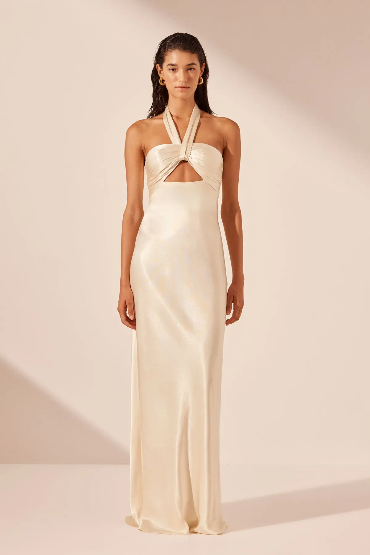 Cream Ruched Halter Maxi Dress - La Lune Collection