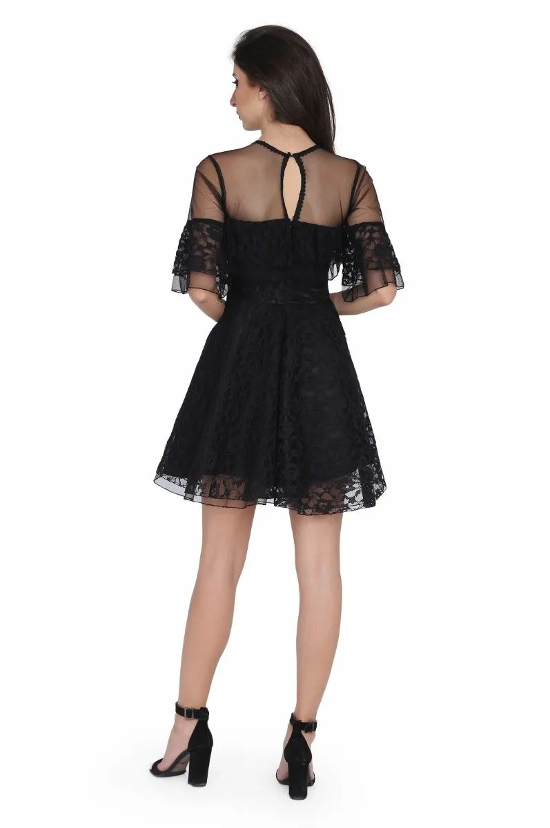 Ladies black satin overlayed net gothic dress