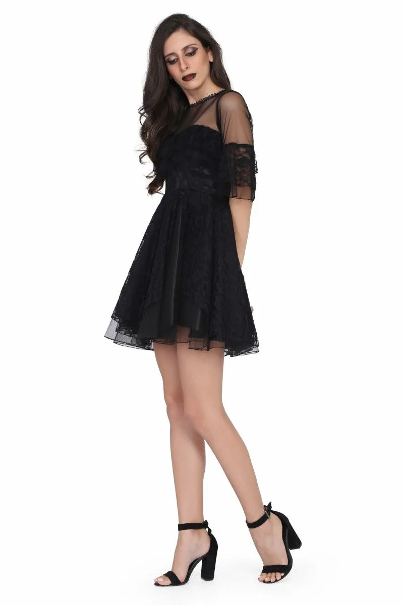 Ladies black satin overlayed net gothic dress