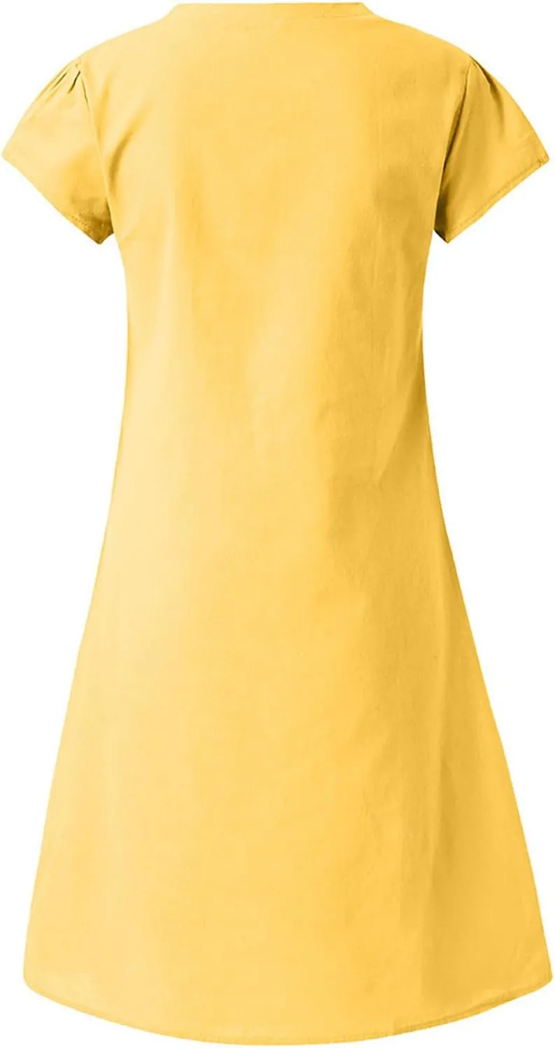 Linen Summer Dresses for Women Loose Size Short Sleeve Boho Midi Sundresses Cotton V Neck Basic Casual Outfits
