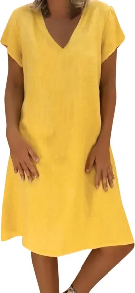 Linen Summer Dresses for Women Loose Size Short Sleeve Boho Midi Sundresses Cotton V Neck Basic Casual Outfits