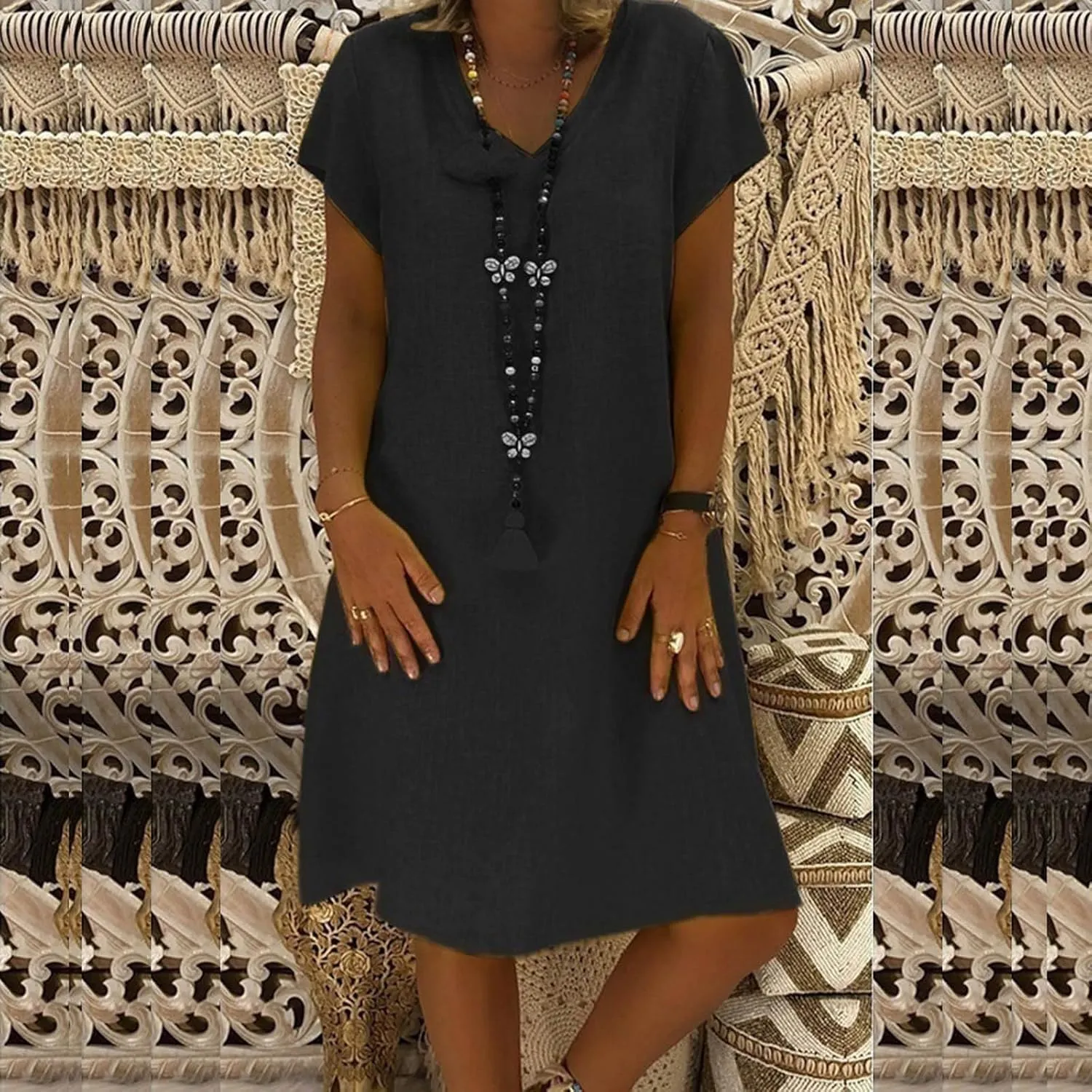 Linen Summer Dresses for Women Loose Size Short Sleeve Boho Midi Sundresses Cotton V Neck Basic Casual Outfits